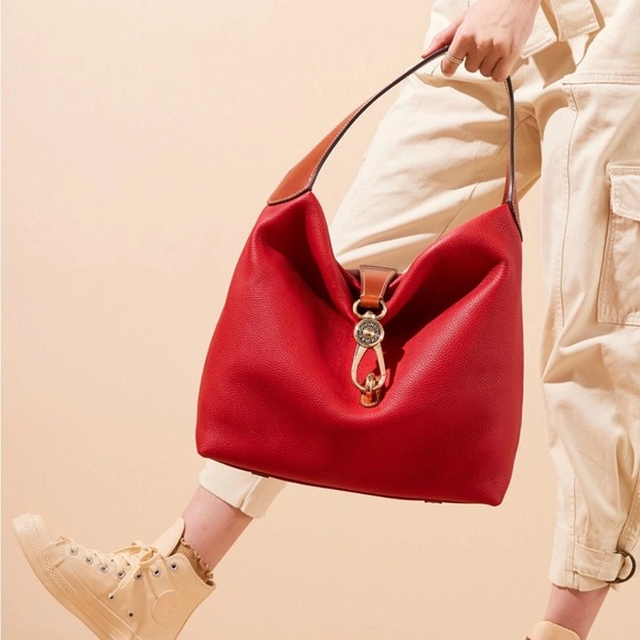 Dooney & Bourke Red Brown Pebble Grain Lucca Leather Lock Logo Shoulder Hobo Bag - Picture 11 of 12